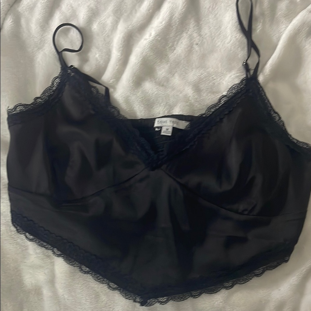Love Tree Black Satin Lace Crop Top